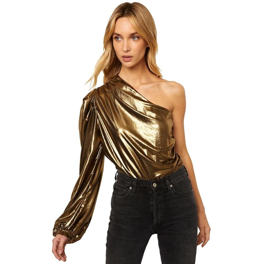 Misa Los Angeles One Shoulder Bodysuit S Gold Metallic Party Club Disco Evening